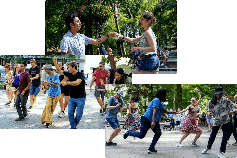 Three pictures of dancers in Rittenhouse Square